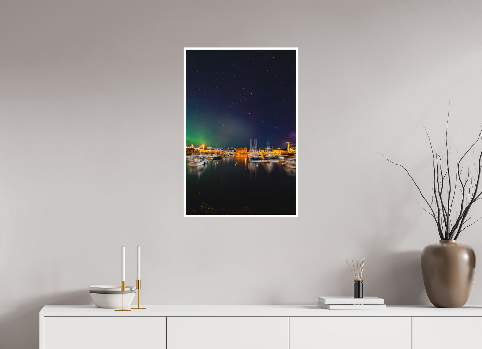 20 x 30″, Matte Prints for shopfy October 10, 2024 Northern Lights over Motif #1 Rockport, Massachusetts – Portrait Mode Astrophotography